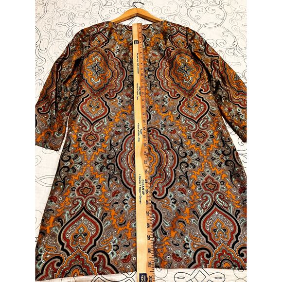 J. Crew Silk Dress Sz 0 Brown Tan Black 3/4 Sleeves Pockets Zip Up Shift Pattern - Picture 6 of 8